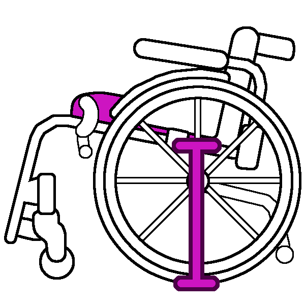 A black and white rigid wheelchair in profile with a bright pink seat and a measurement line from the floor to the bottom of the seat.